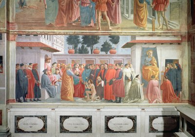 The Raising of the Son of Theophilus, the King of Antioch, and St. Peter Enthroned as First Bishop of Antioch, c.1427 and c.1480 by Tommaso Masaccio